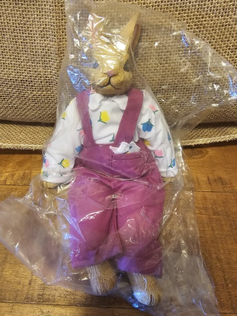 Carlton Cards Ceramic Bunny Purple overalls with Flowers shirt *Sealed in Bag*